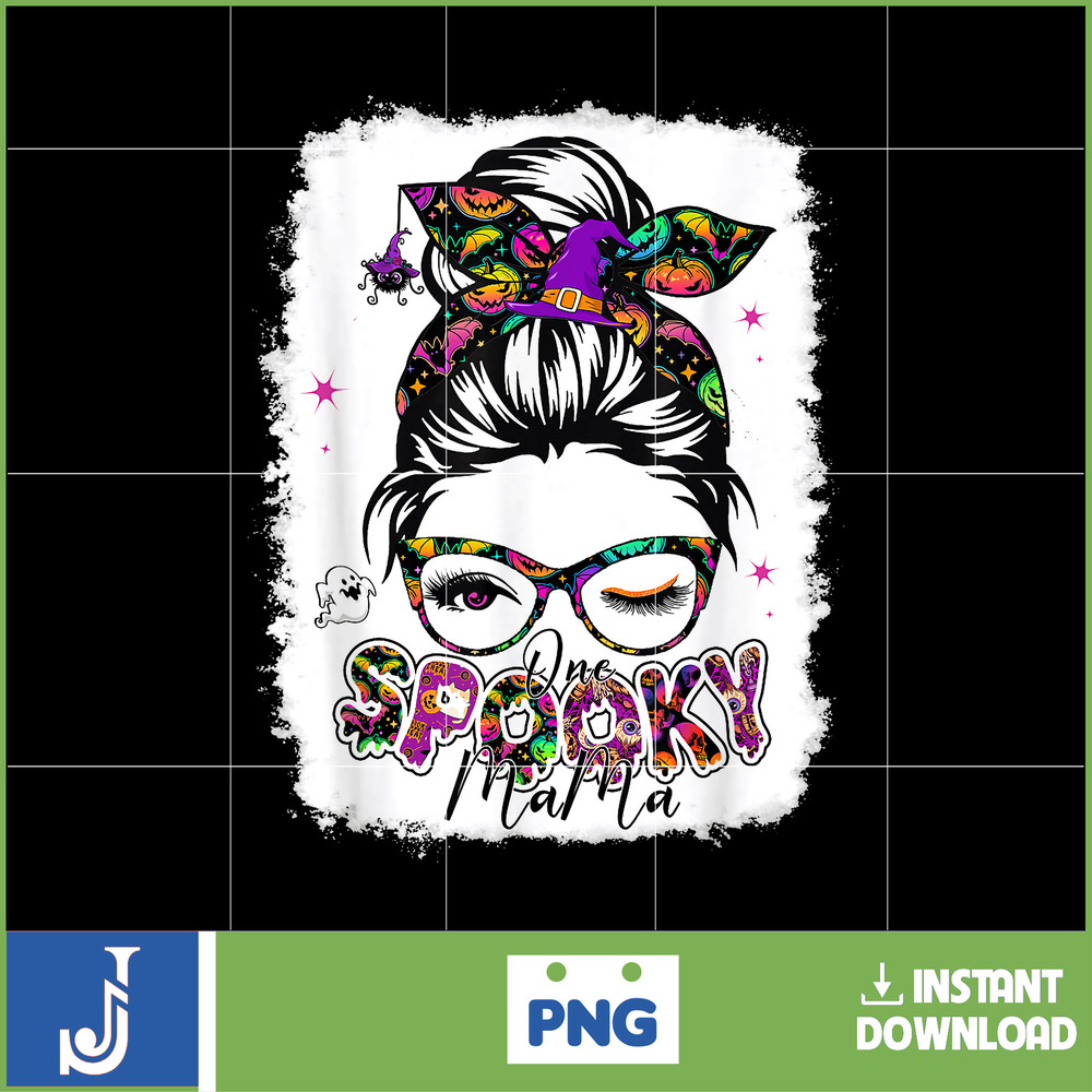 One Spooky Mama For Halloween Messy Bun Mom Monster Bleached T-Shirt_3.jpg