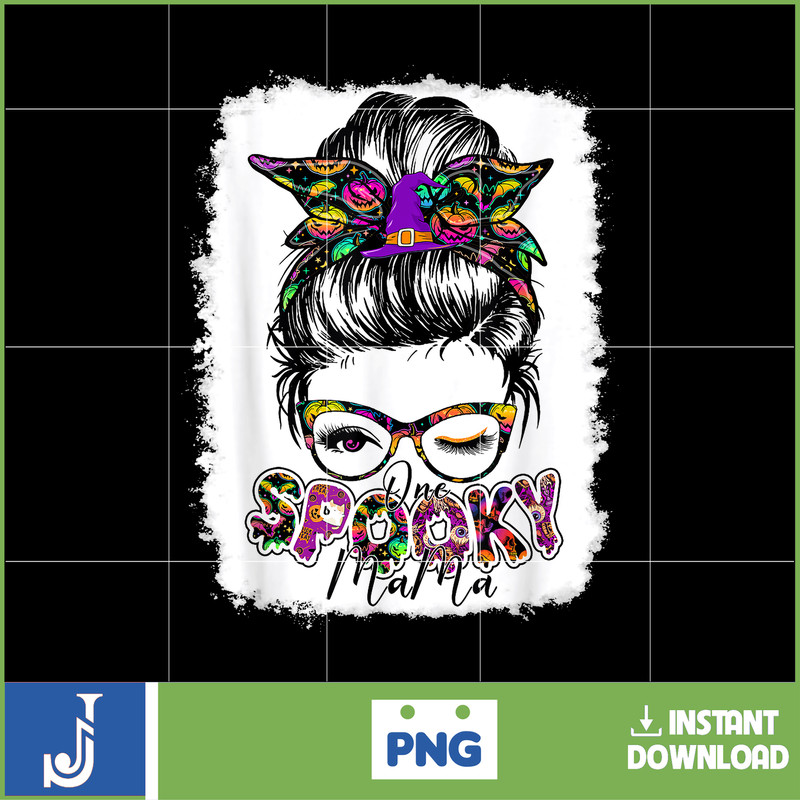 One Spooky Mama For Halloween Messy Bun Mom Monster Bleached T-Shirt_5.jpg