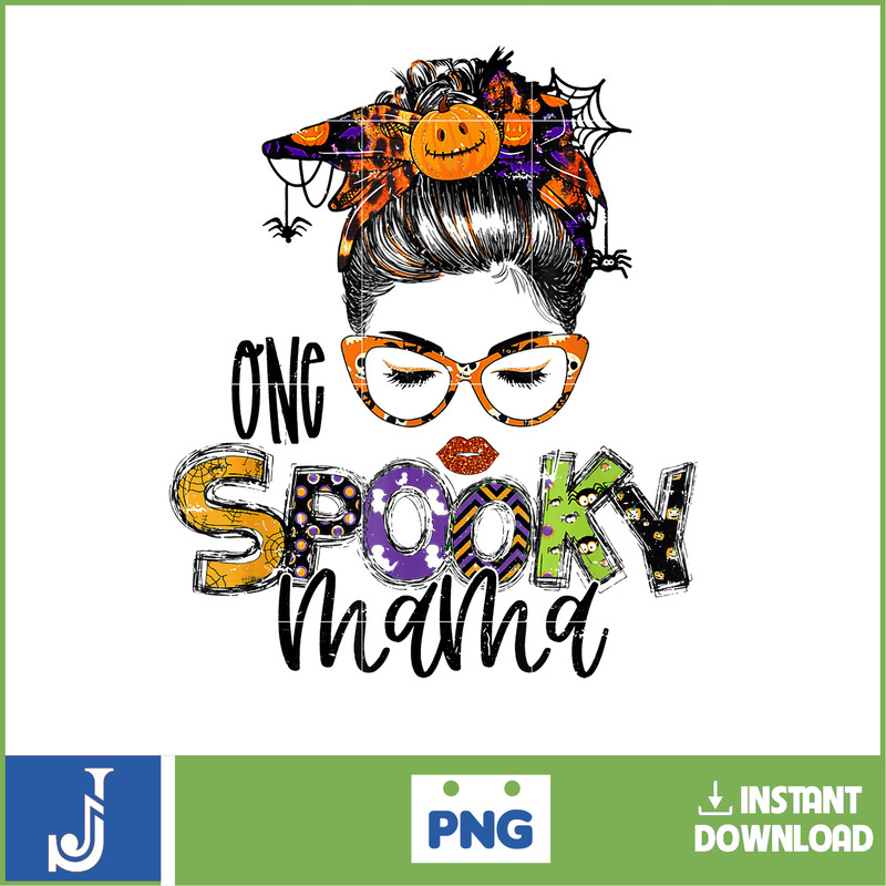 One Spooky Mama For Halloween Messy Bun Mom Monster Bleached T-Shirt_6.jpg