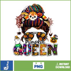 pumpkin queen halloween skull messy bun jack o lantern women t-shirt