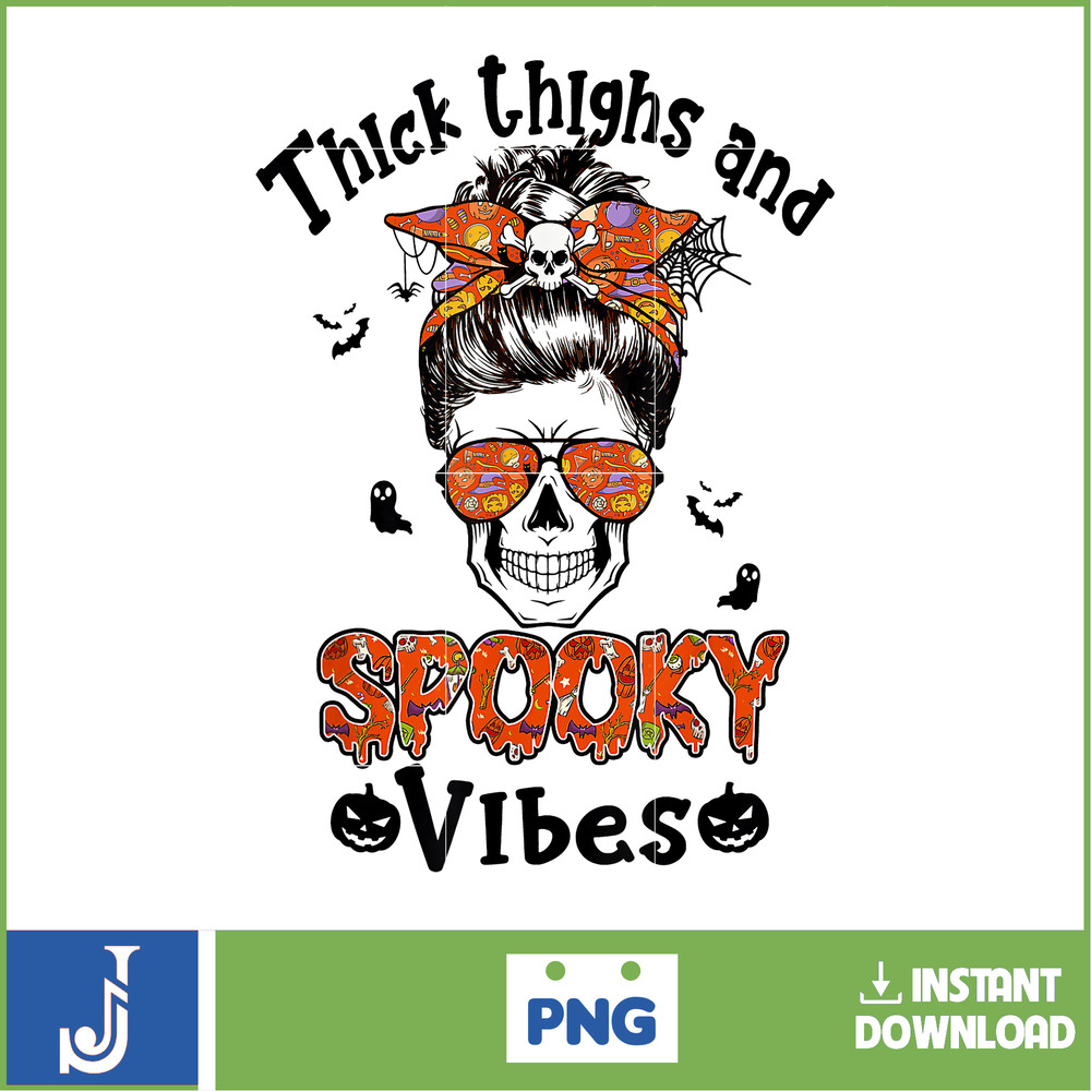 Skull Messy Bun Spooky Pumpkin October Halloween Party T-Shirt.jpg