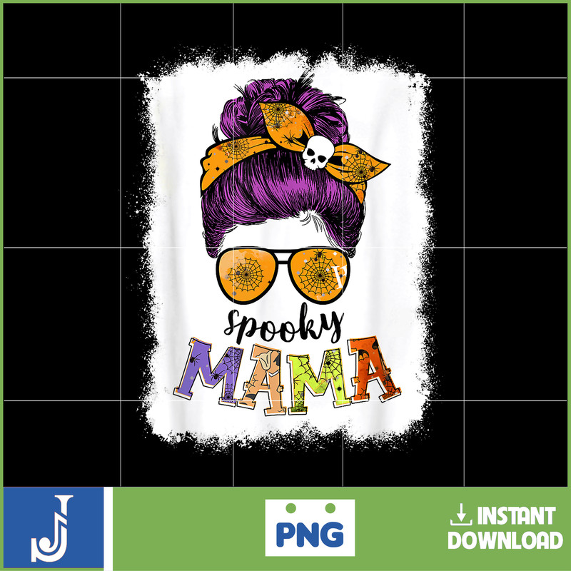 Spooky Mama Halloween Messy Bun Hair Skull Spooky Mom Funny T-Shirt.jpg