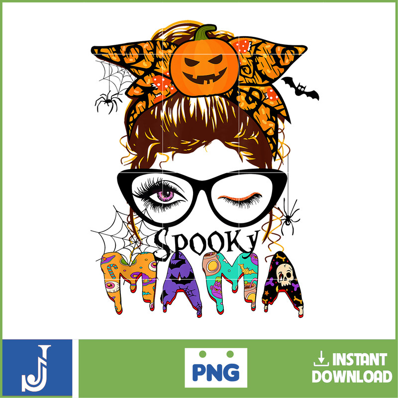 Spooky Mama Messy Bun Hair Blink Eyes Halloween Women Girl T-Shirt.jpg