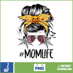 womens mom life messy bun hair pumpkin halloween costume t-shirt