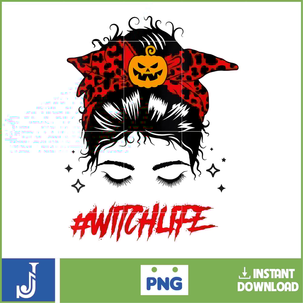 Womens Witch Life Halloween Messy Bun Pumpkin Bandana Women Girls V-Neck T-Shirt.jpg