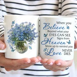 Blue Daisy, Butterfly painting, Signs from heaven show up to remind love never dies, Christian Coffee Mugs, Pastor Gifts