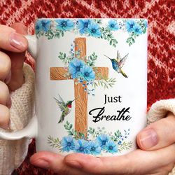blue flower garden, wooden cross, hummingbird painting, just breathe - jesus white, christian coffee mugs, pastor gifts