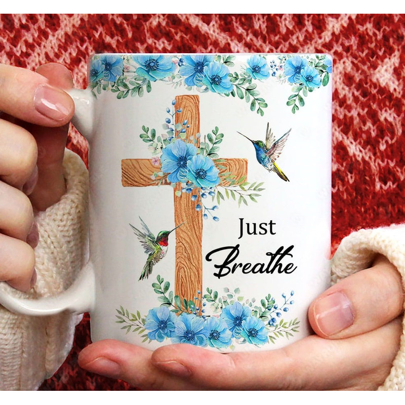 Blue flower garden, Wooden cross, Hummingbird painting, Just breathe - Jesus White Mug_7074.jpg