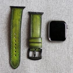 For Apple watch Green / olive strap, genuine leather, watchband handmade, for Apple Watch Series 8/7/6/SE/5/4/3/2/1
