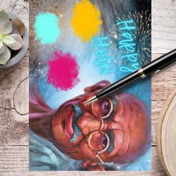 happy holi! digital greeting card with the leader mahatma gandhi.