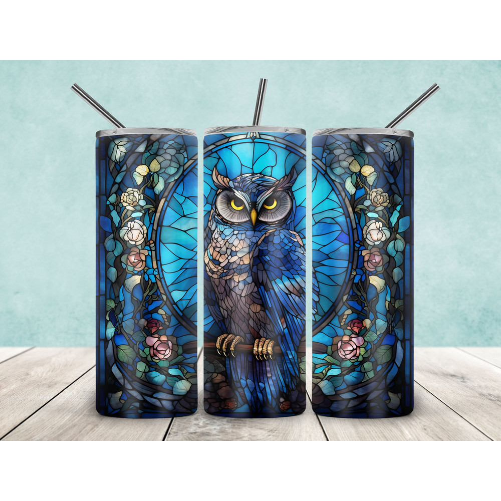 Blue Owl Stained Glass 20oz Skinny Tumbler Sublimation, Stained Glass Tumbler Png, Owl Sublimation, Owl Tumbler Png, Tumbler Designs PNG-1.jpg