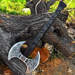 medieval warrior double headed battle axe with leather sheath, labrys, handmade carbon steel two sided axe, medieval
