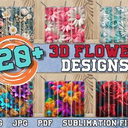 floral flowers 3d tumbler design bundle, flower 20 oz digital tumbler wrap png, straight & tapered tumbler 20oz design