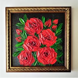 Red Roses Textured Painting Flower Art - Handcrafted Framed Decor