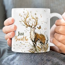 Brown deer Mugs Gift, Orange butterfly, Flower field, Just breathe - Jesus White Mug, Christian Coffee Mugs, Pastor Gift