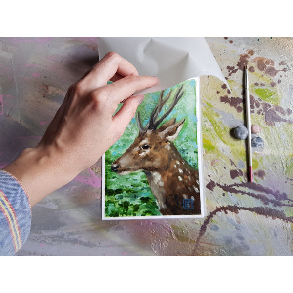 1 Small oil painting - Deer portrait 5.3 - 7.6 in (13.5 - 19.5 cm)..jpg