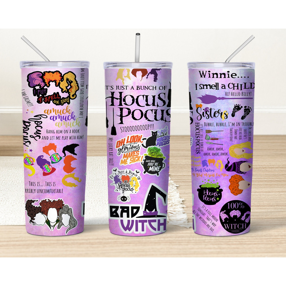Hocus Pocus Waterslide Decals Tumbler, 20oz Skinny Tumbler Sublimation Png, Sanderson Sisters, Halloween Full Wrap Digital Download.jpg
