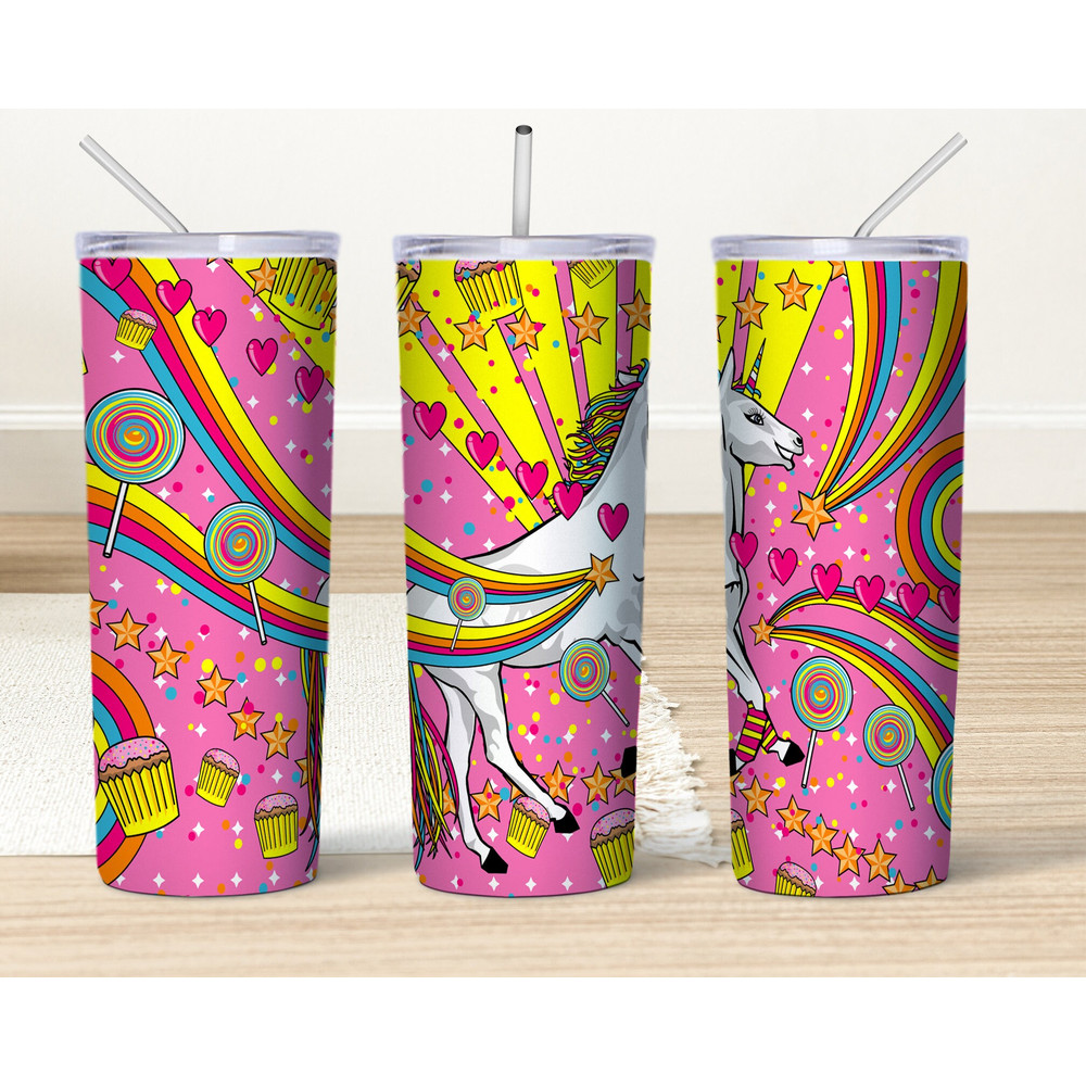 Unicorn Glitter Tumbler Wrap, Bright Rainbow Unicorn Sublimation Design, Kids 20 oz Skinny Tumbler, Rainbow Tumbler PNG, Digital Download.jpg