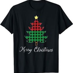 unique merry christmas tree buffalo plaid style gift t-shirt