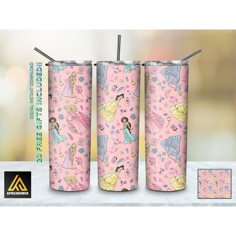 Magical Transformations Disney Princesses Tumbler, Disney Princesses Skinny Tumbler, Cartoon Characters Skinny Tumbler.jpg