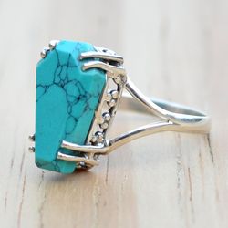 Boho Turquoise Ring, Coffin Sterling Silver Women Ring, Coffin Gemstone Ring, Turquoise Blue Stone Silver Ring, Handmade