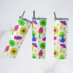 neon mushrooms tumbler, psychedelic mushrooms tumbler, mushrooms skinny tumbler, mushrooms galore tumbler