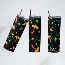 neon mushrooms tumbler, psychedelic mushrooms tumbler, mushrooms skinny tumbler, mushrooms infusion tumbler
