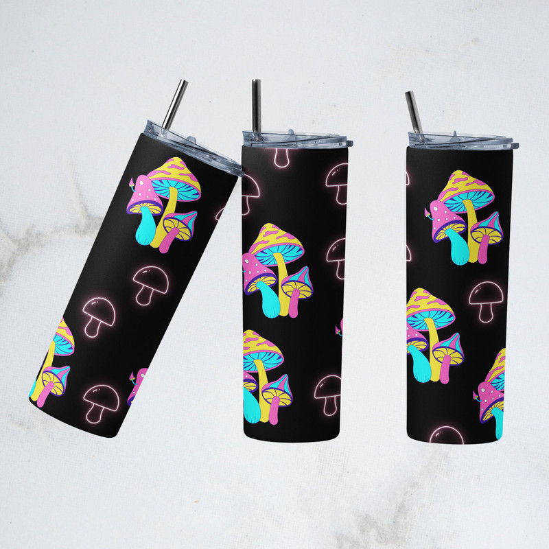 Neon Mushrooms Tumbler Sublimation Designs PNG, Psychedelic Mushrooms Tumbler Wrap PNG, Cute Owls PNG, 20 oz Skinny Tumbler Design, Neon-7.jpg.png
