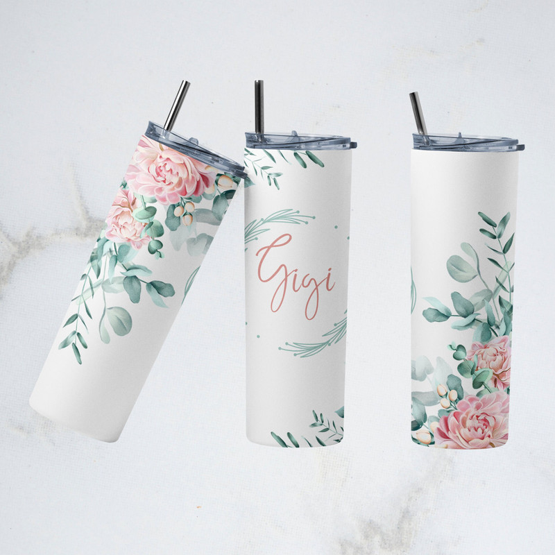Watercolor Florals Gigi 20 oz Skinny Tumbler, Floral, Flowers, Greenery, Pink, Sublimation Design PNG.jpg.png