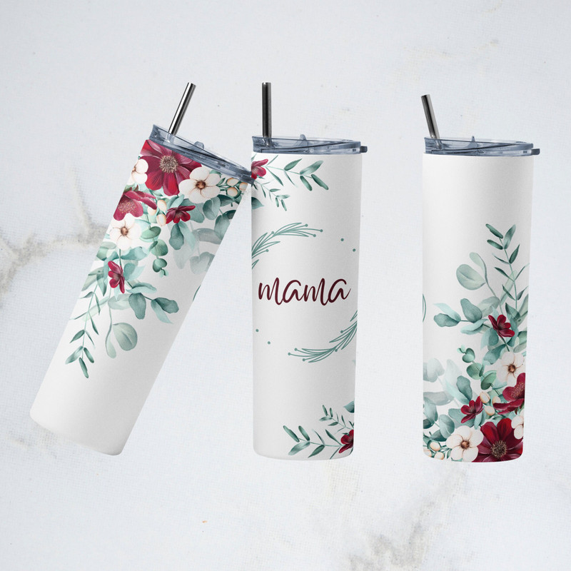 Watercolor Florals Mama 20 oz Skinny Tumbler, Floral, Flowers, Greenery, Roses, Sublimation Design PNG.jpg.png