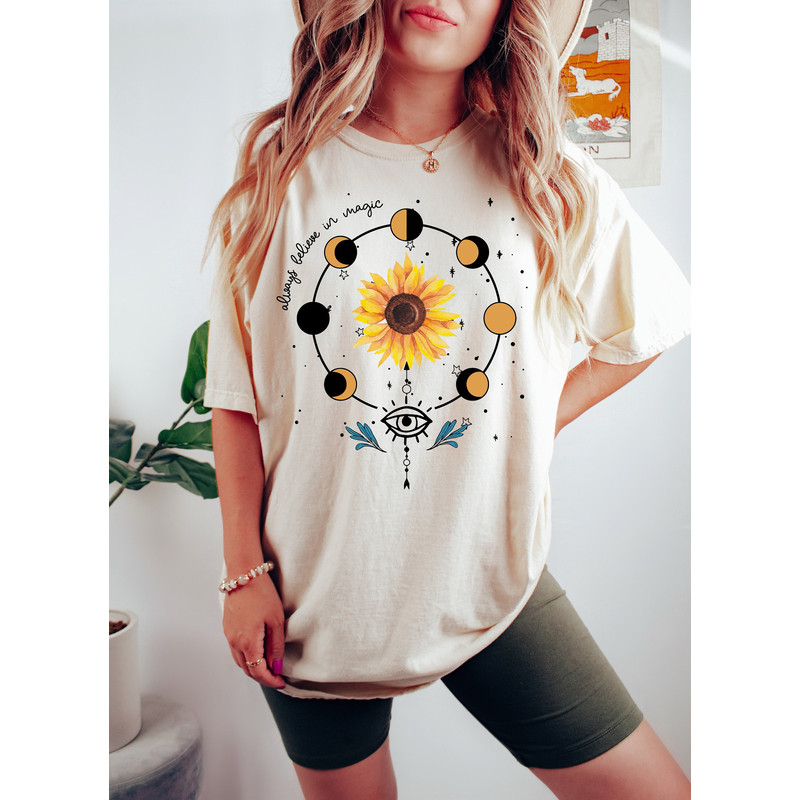 Always Believe In Magic Shirt,Retro Comfort Celestial Sunflower And Moon Tees,Sunflower Tshirt,Moon Phases Tee,Boho Graphic Tee,Gift For Her - 1.jpg