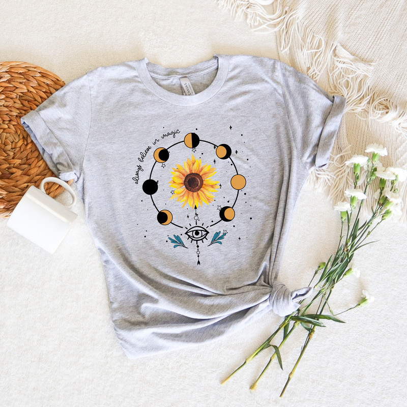 Always Believe In Magic Shirt,Retro Comfort Celestial Sunflower And Moon Tees,Sunflower Tshirt,Moon Phases Tee,Boho Graphic Tee,Gift For Her - 2.jpg