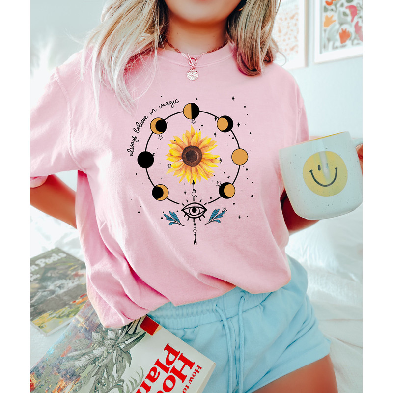 Always Believe In Magic Shirt,Retro Comfort Celestial Sunflower And Moon Tees,Sunflower Tshirt,Moon Phases Tee,Boho Graphic Tee,Gift For Her - 3.jpg