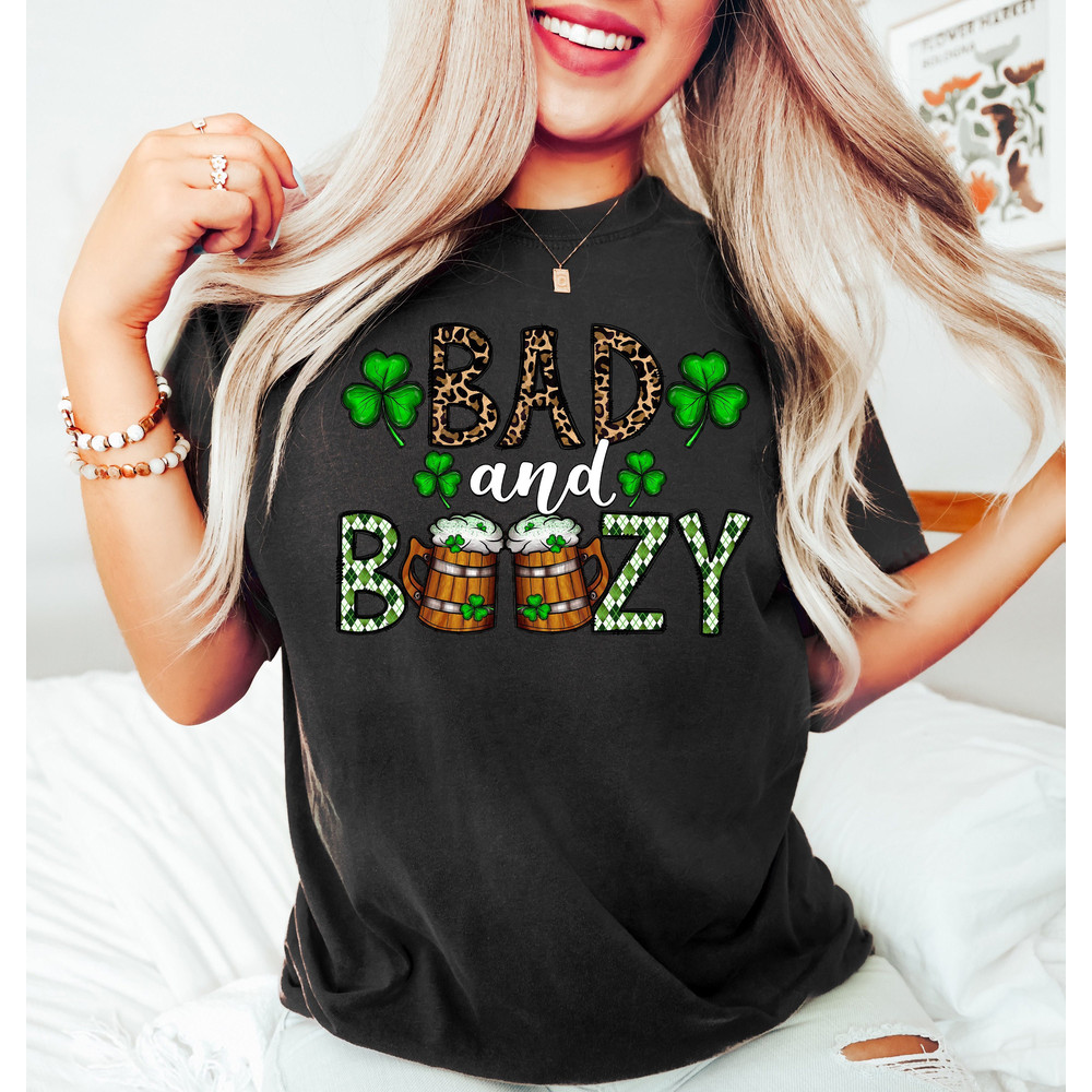Bad And Boozy Patricks Day Shirts,St Patrick Day Irish Drinking Shirt,Four Leaf Clover And Beer Shirt,Irish Alcohol Tee,Gift For St Patricks - 1.jpg
