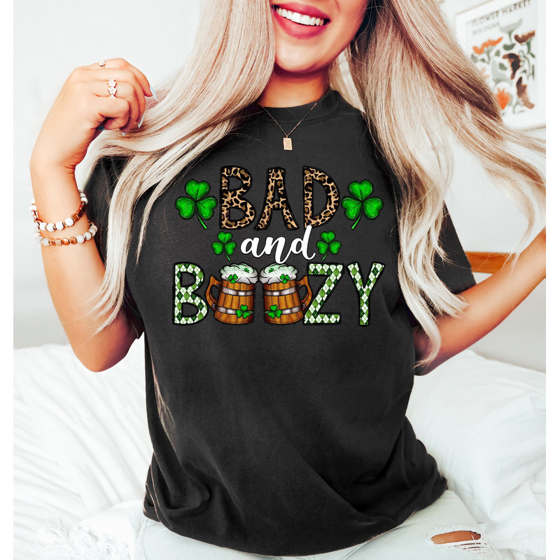 Bad And Boozy Patricks Day Shirts,St Patrick Day Irish Drinking Shirt,Four Leaf Clover And Beer Shirt,Irish Alcohol Tee,Gift For St Patricks - 1.jpg