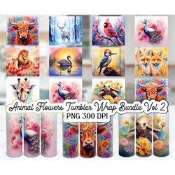 Animal Flowers Watercolor Tumbler Wrap Bundle, Animal Tumbler Png, Highland Cow Tumbler, Sunflower Tumbler Png, Cat Wrap