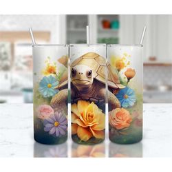 cute turtle floral garden 20 oz skinny tumbler sublimation design, straight and tapered tumbler wrap, instant digital do
