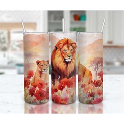 watercolor lions floral landscape 20 oz skinny tumbler sublimation design, straight and tapered tumbler wrap