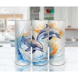 watercolor dolphins 20 oz skinny tumbler sublimation design, straight and tapered tumbler wrap, instant digital download