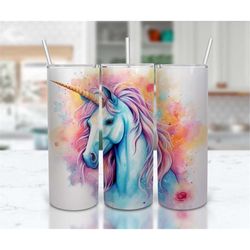watercolor unicorn 20 oz skinny tumbler sublimation design, straight and tapered tumbler wrap, instant digital download