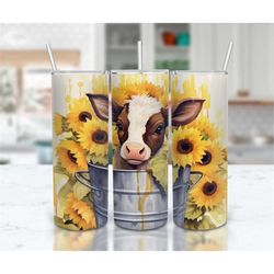 baby cow in sunflowers bucket 20 oz skinny tumbler sublimation design, straight and tapered tumbler wrap