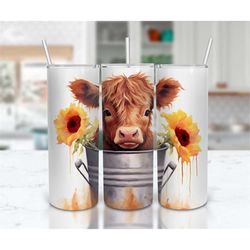 baby highland cow in flower bucket 20 oz skinny tumbler sublimation design, straight and tapered tumbler wrap