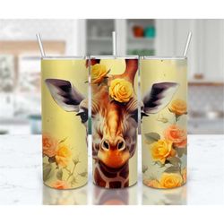 Baby Giraffe Red Roses Flowers 20 oz Skinny Tumbler Sublimation Design, Straight And Tapered Tumbler Wrap