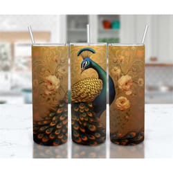 vintage gold peacock 20 oz skinny tumbler sublimation design, straight and tapered tumbler wrap