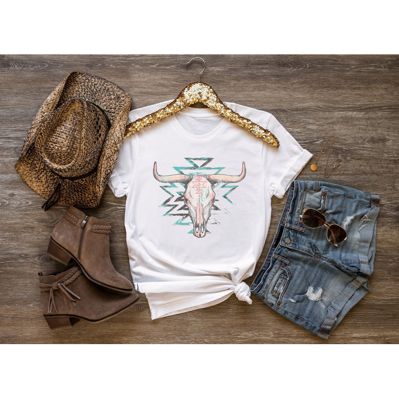 Cow Skull Shirt,Western Aztec Bull Skull Shirt,Boho Cow Skull Tee,Vintage Western Gift,Cowgirl Shirt,Southern Tee,Rodeo Tshirt,Country Shirt - 1.jpg