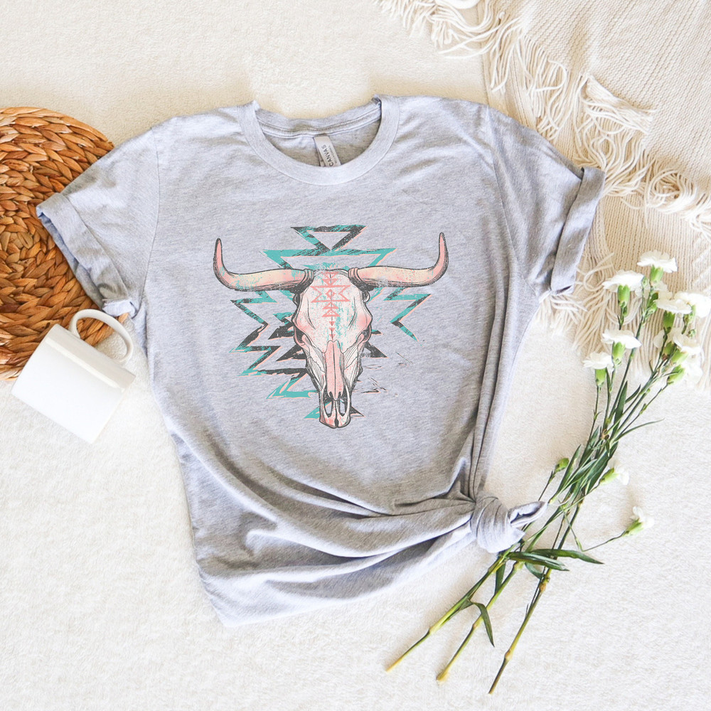 Cow Skull Shirt,Western Aztec Bull Skull Shirt,Boho Cow Skull Tee,Vintage Western Gift,Cowgirl Shirt,Southern Tee,Rodeo Tshirt,Country Shirt - 2.jpg