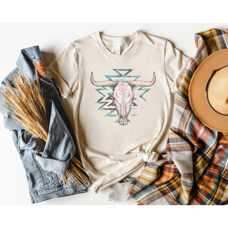 Cow Skull Shirt,Western Aztec Bull Skull Shirt,Boho Cow Skull Tee,Vintage Western Gift,Cowgirl Shirt,Southern Tee,Rodeo Tshirt,Country Shirt - 3.jpg