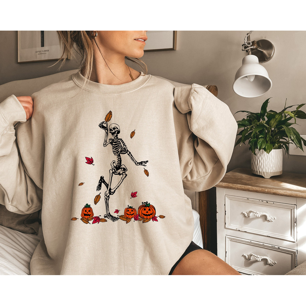 Dancing Skeleton Sweatshirt,2022 Pumpkin Sweatshirt,Skeleton And Pumpkin Sweatshirt For Halloween,Fall Sweatshirt,Funny Halloween Sweatshirt - 1.jpg