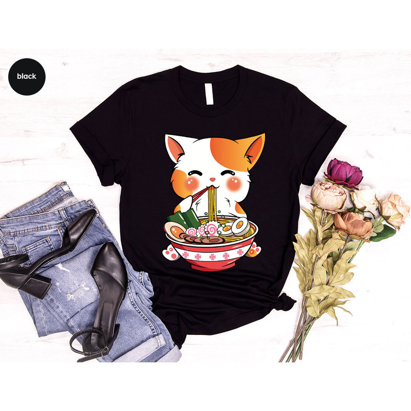 Cat Ramen T-Shirt, Kawaii Anime Shirt, Japanese Shirt, Korean Noodle Shirt, Cute Asian Food Tee, Ramen Kitten Graphic Tees, Gifts for Friend - 3.jpg