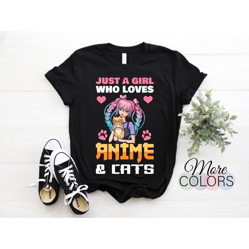 Just A Girl Who Loves Anime And Cats Gift Costume T-Shirt, Best Cat Owner Kittens Kitten Kitty Mom Animals Lover Kawaii Otaku Japanese Japan - 1.jpg